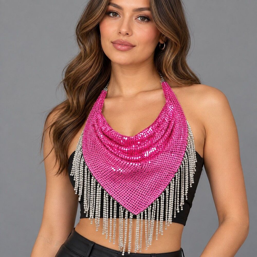 DA VEAMOR Pink Chainmail Bandana Halter Top S Rhinestone Fringe Metal Mesh NWT